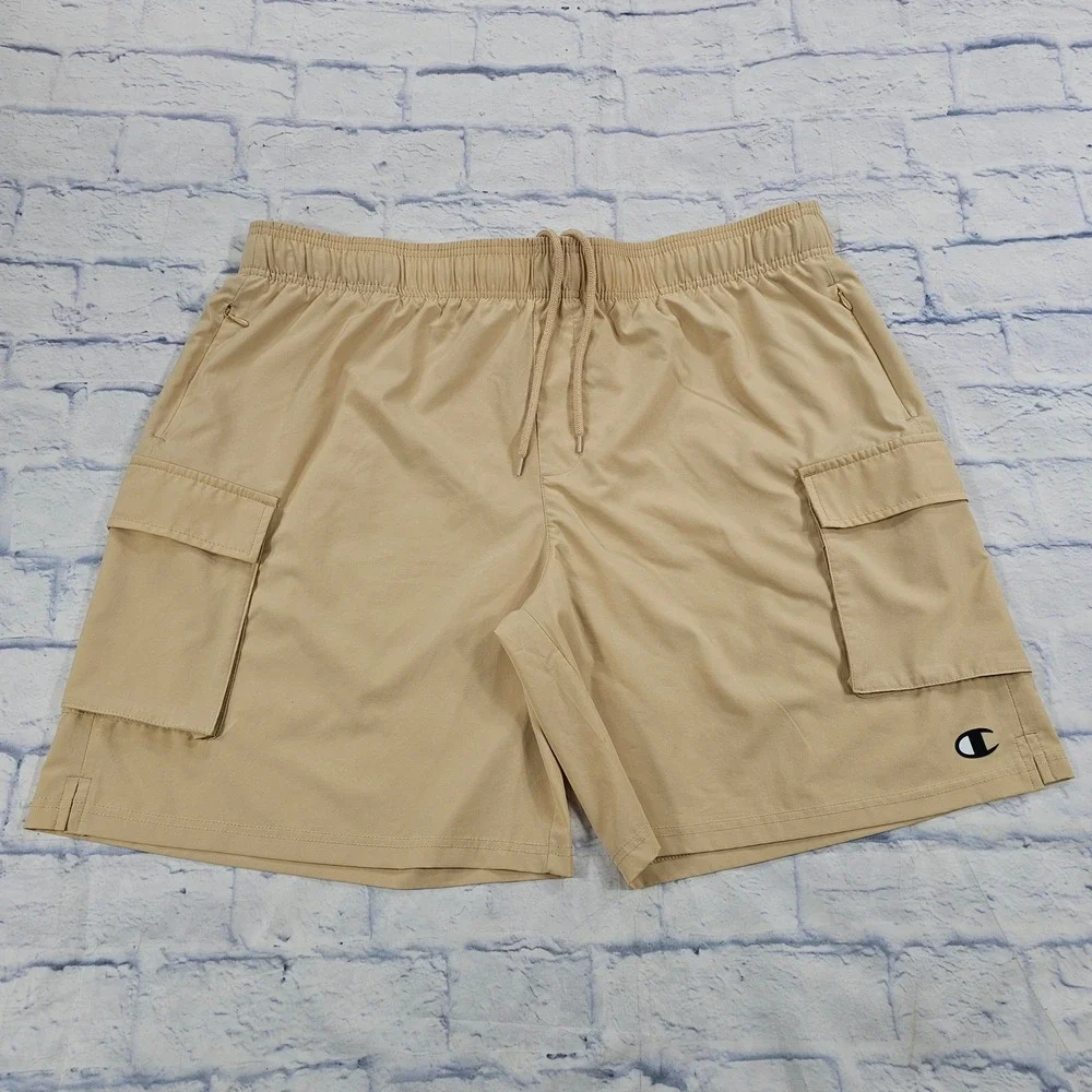 Champion Cargo Shorts Men XXL Tan Elastic Drawstring Athletic Utility Pockets